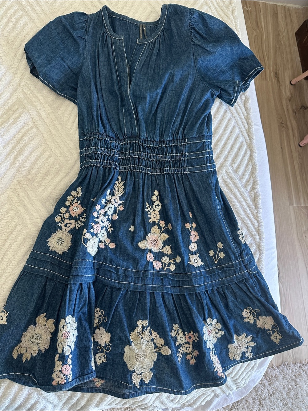Anthropologie Blue Denim Mini Dress with Cream & Pink Floral Embroidery